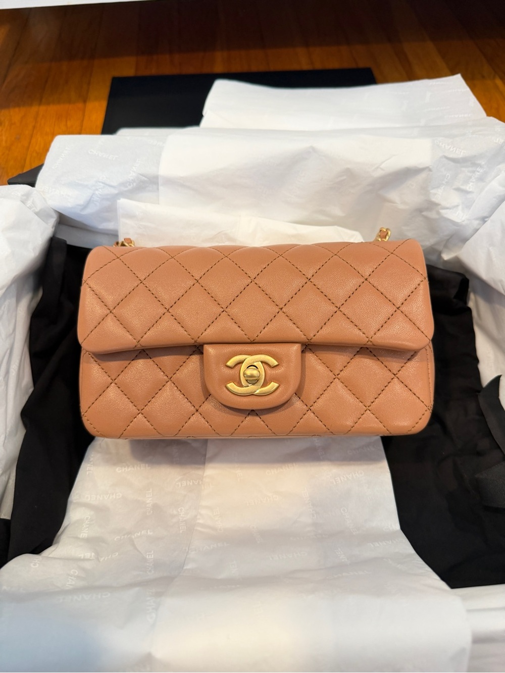 brand new full set Chanel mini pearlcrush Classic Flap Bag in dark beige/brown